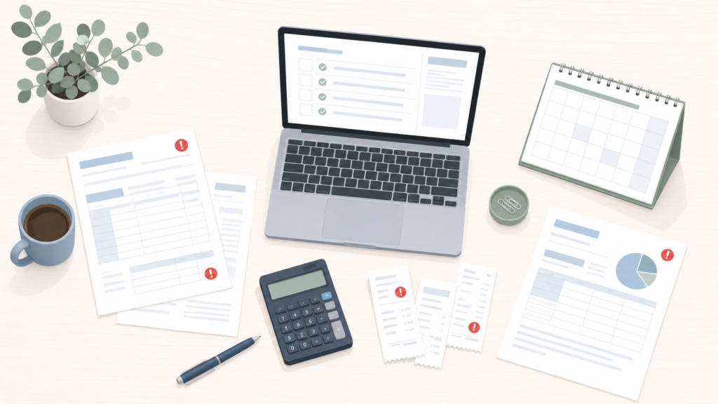 tax return mistakes illustration with laptop, receipts, tax papers, and calendar