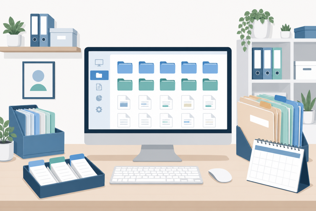 organising tax return records with digital folders, checklist, and calendar