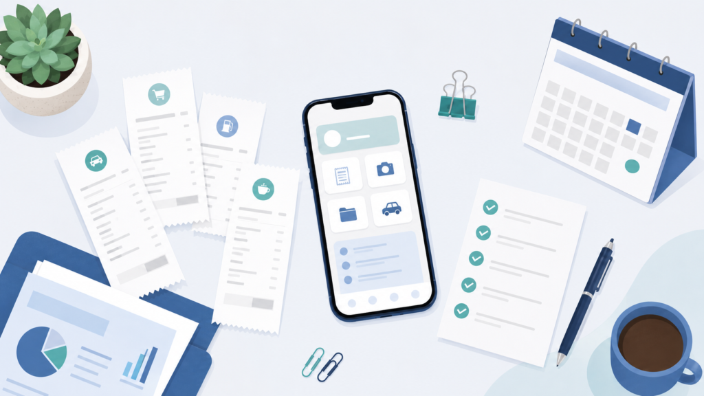 wide hero scene with smartphone app, receipts, tax papers, and tidy desk calendar