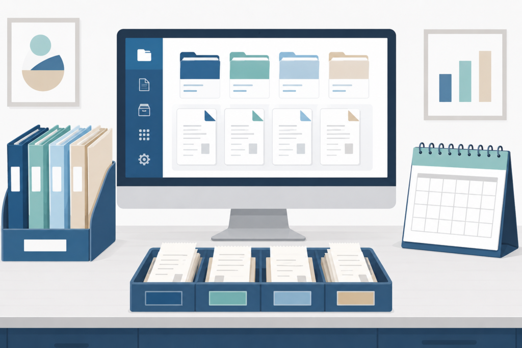 front-facing organisation scene with app dashboard, folders, receipt tray, and calendar