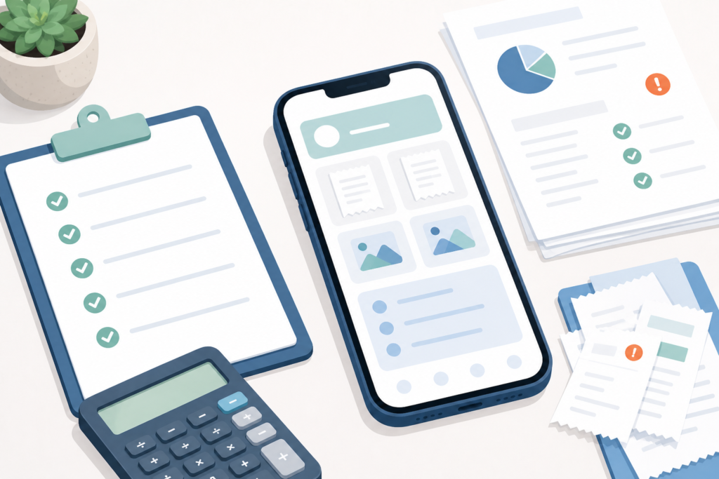 close review scene with phone screen, receipt photos, checklist, and calculator