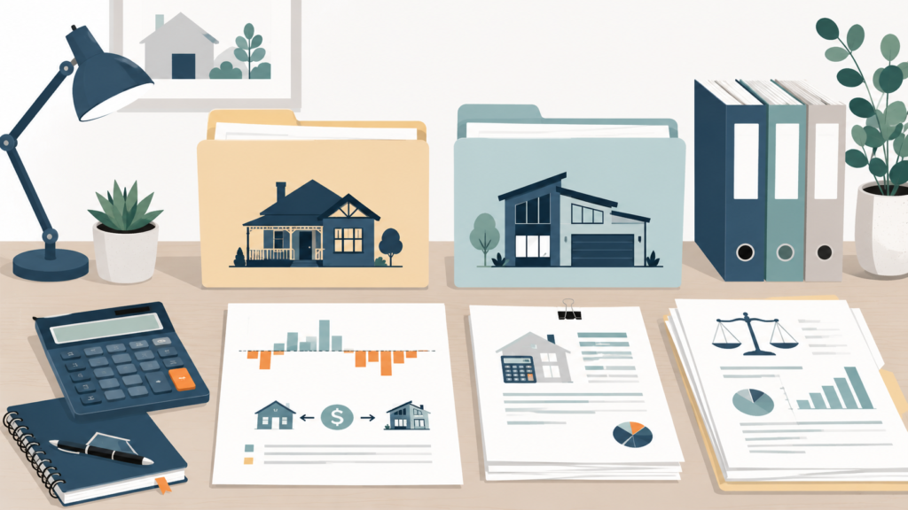 Property investor tax changes with established home file, new build file, calculator, cash flow chart and rental expense papers