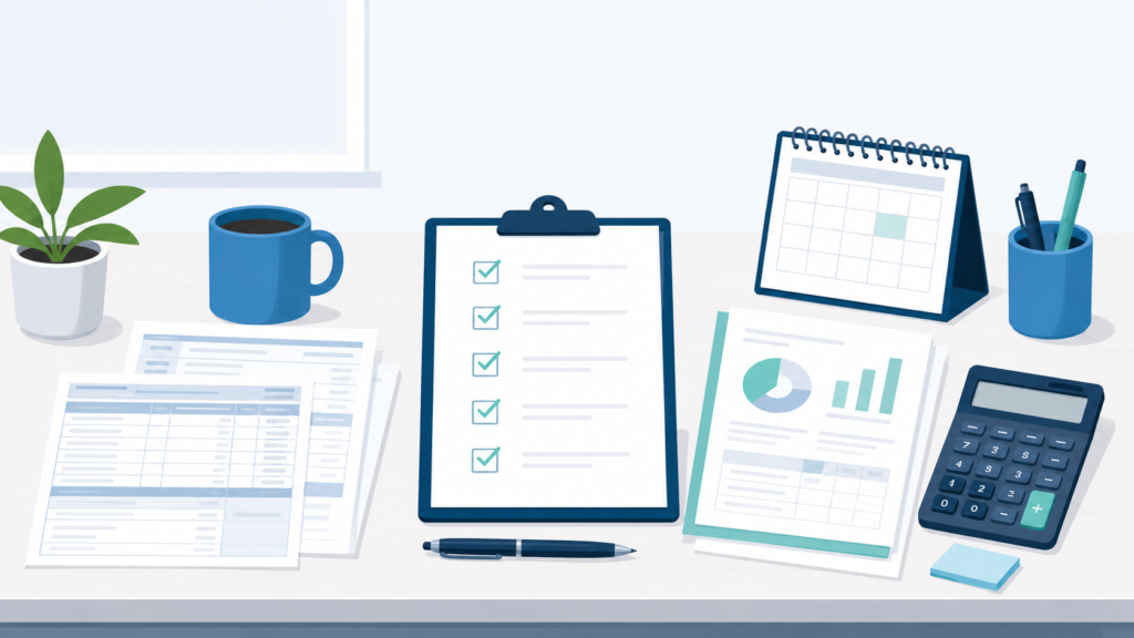 Worker tax changes with payslip-style papers, work expense checklist, tax documents, calculator and calendar