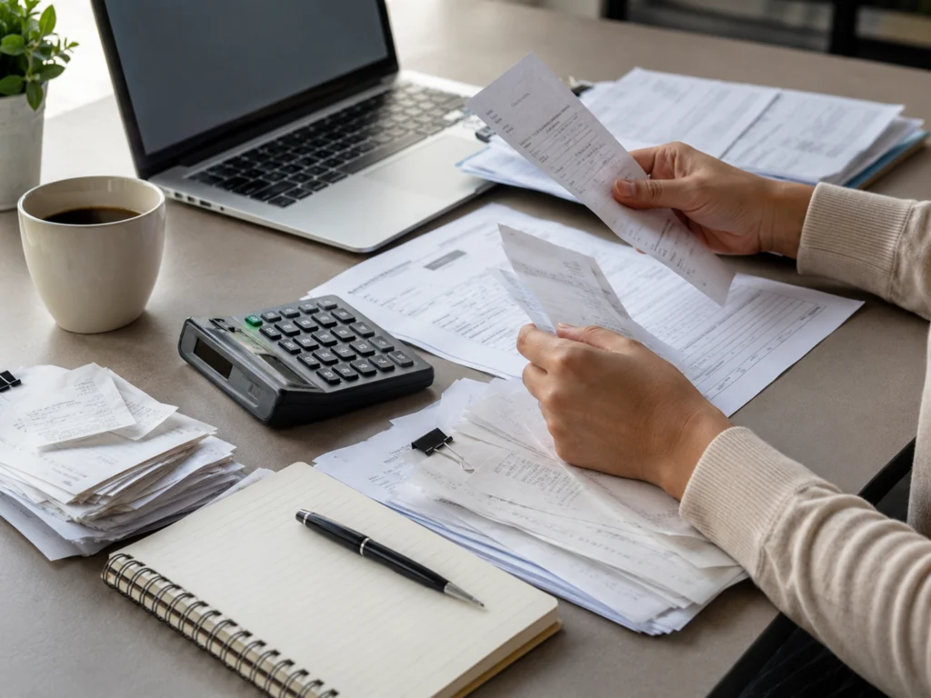 Sole trader sorting receipts and invoices for tax deduction records