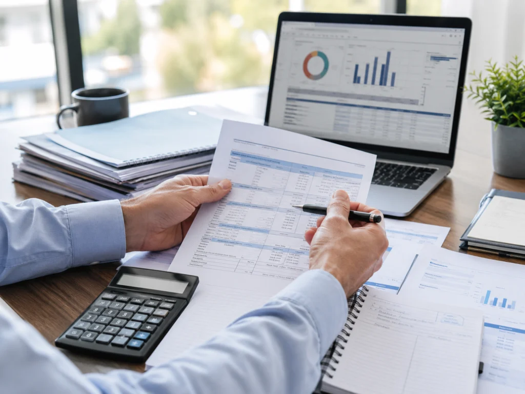 Accountant checking Division 7A loans repayment records with calculator and company documents