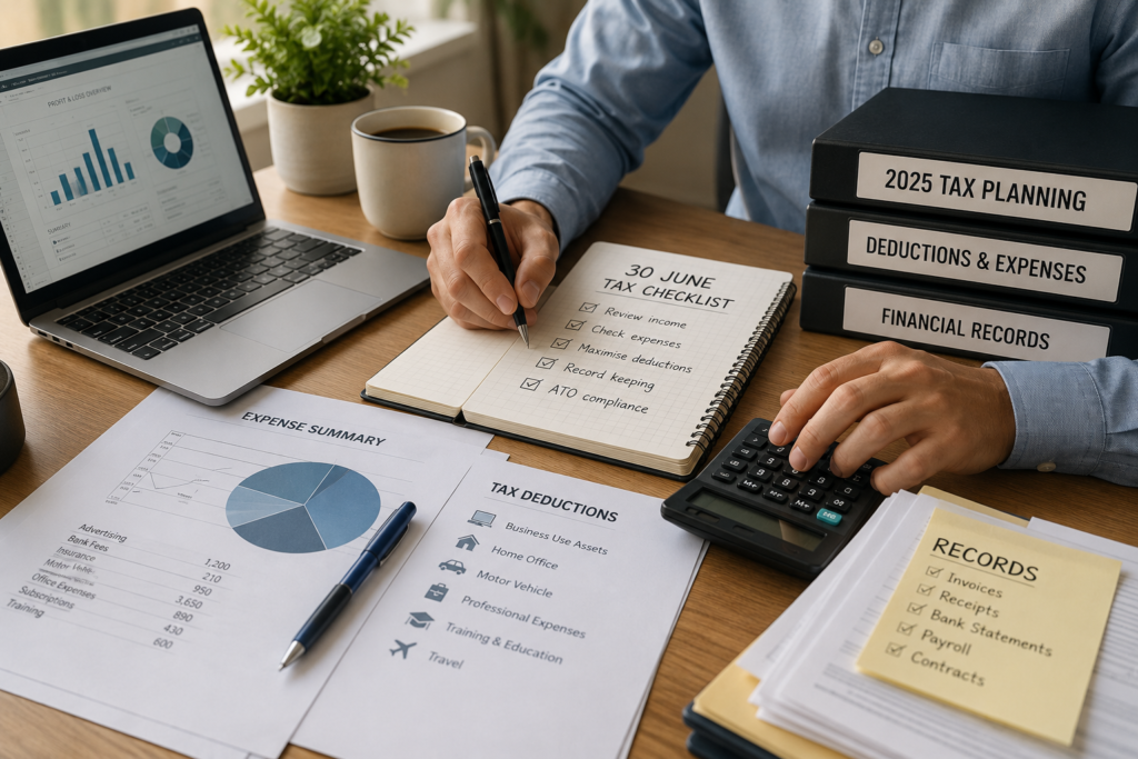 STP finalisation payroll review checklist with calculator and paperwork