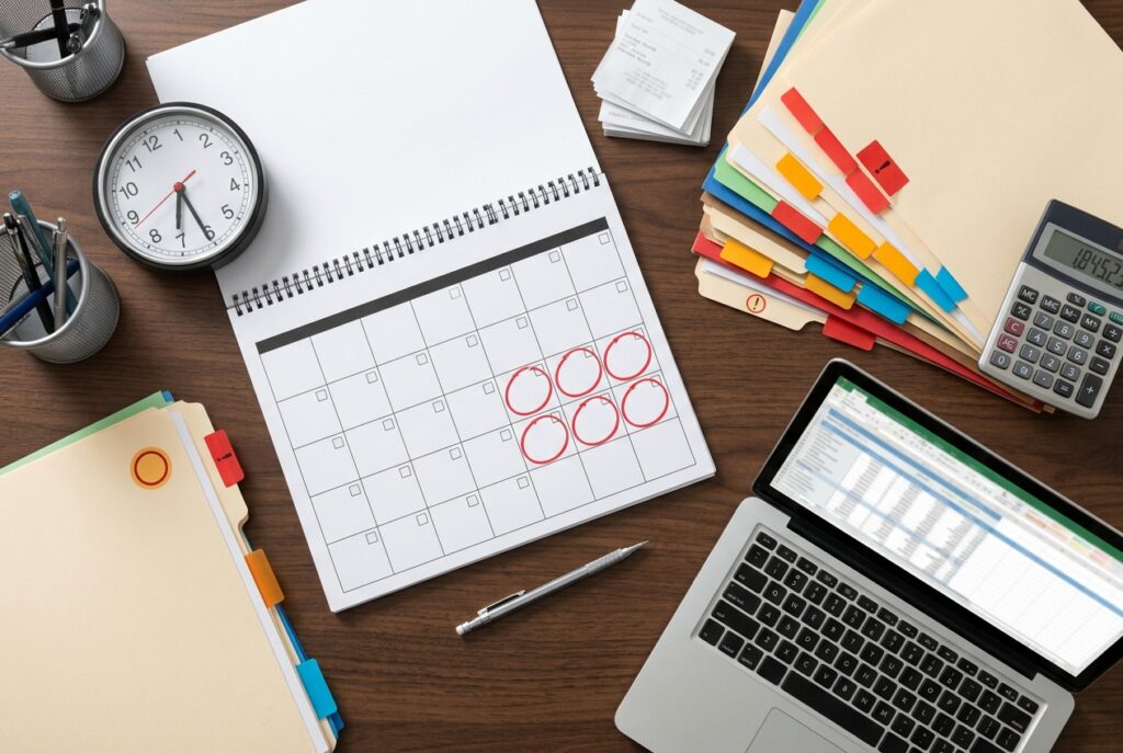Tax return deadline 2026 lodgement checklist with financial records and calendar