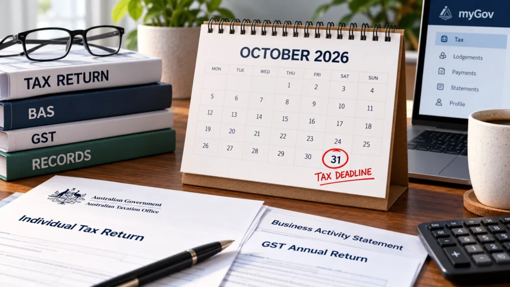 October 2026 tax deadline calendar beside individual tax return, BAS and GST documents