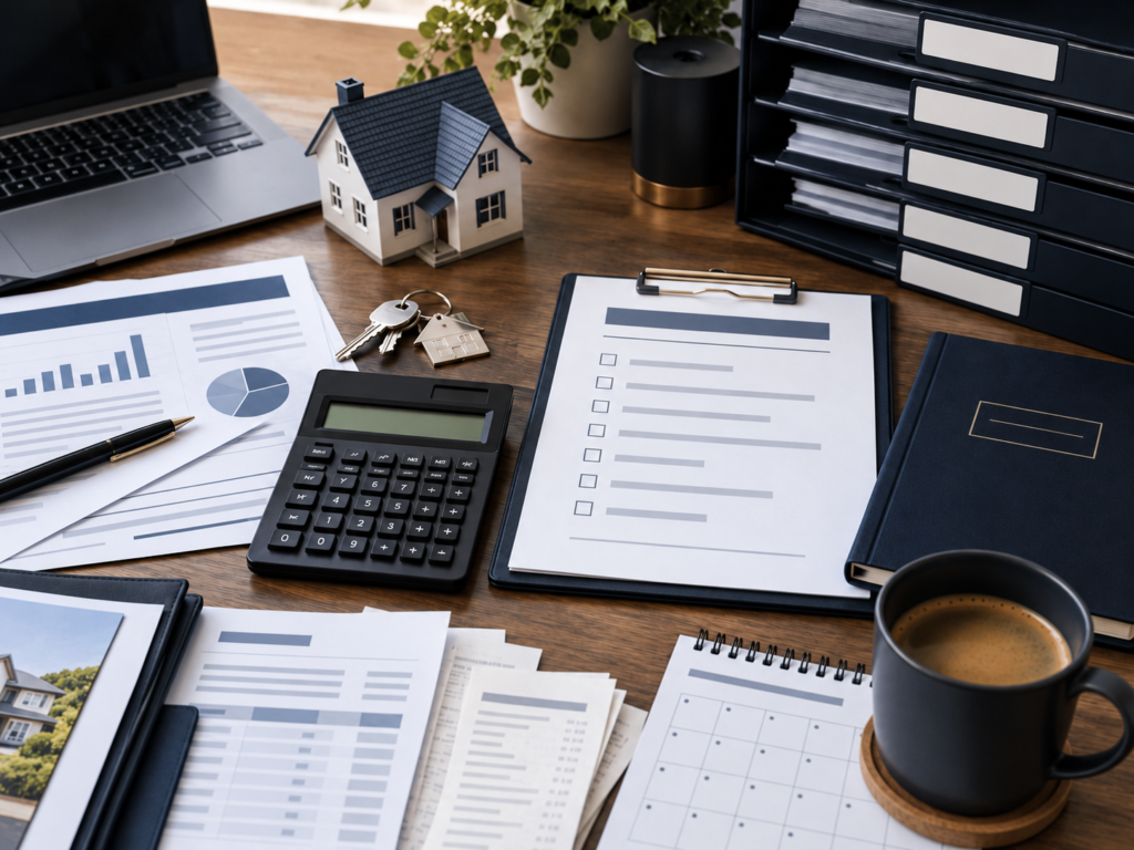 Organised rental property accounting workspace with calculator, checklist clipboard, model house, files and financial papers on a wooden desk.