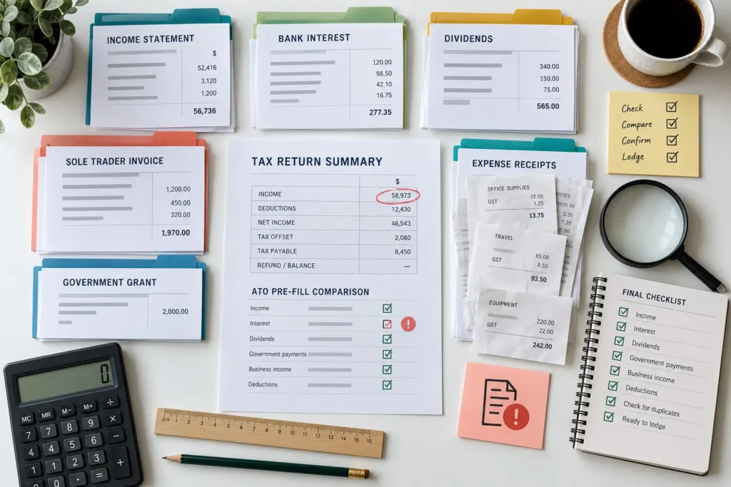 Tax return pre-fill comparison with income statements, interest, dividends, business income and expense records