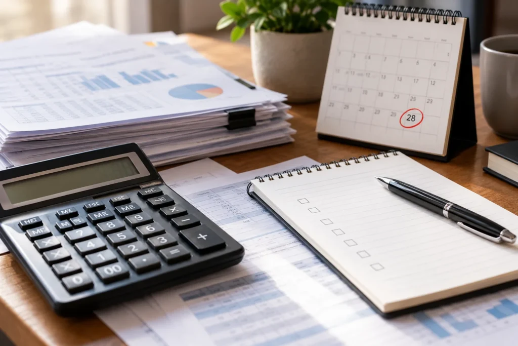 Calculator, financial records and October calendar highlighting 28 October for PAYG instalments review