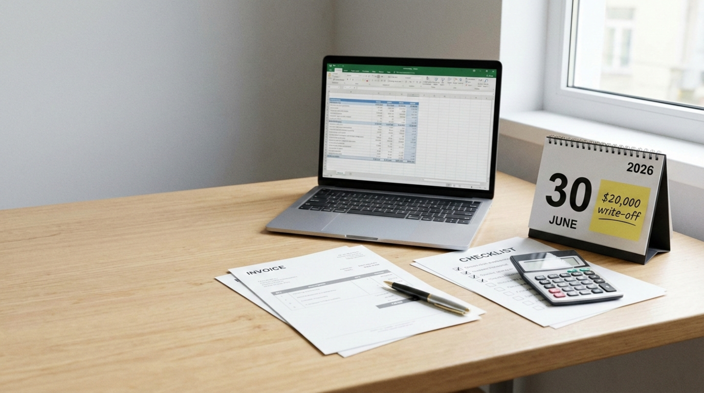 Laptop with a spreadsheet on screen beside invoices, a checklist, a calculator, and a desk calendar marked “30 June 2026” with a note reading “$20,000 write-off.”