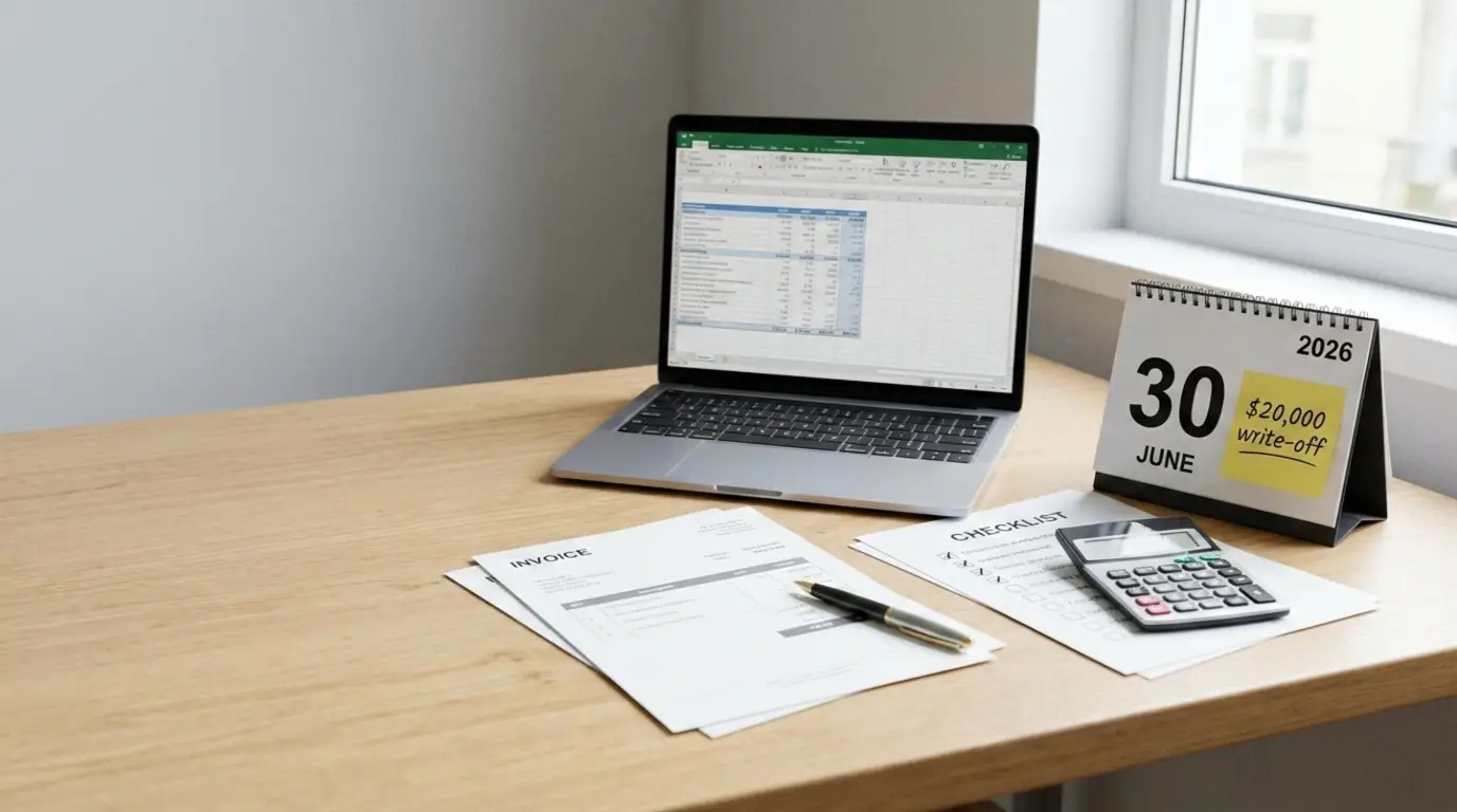 Laptop with a spreadsheet on screen beside invoices, a checklist, a calculator, and a desk calendar marked “30 June 2026” with a note reading “$20,000 write-off.”