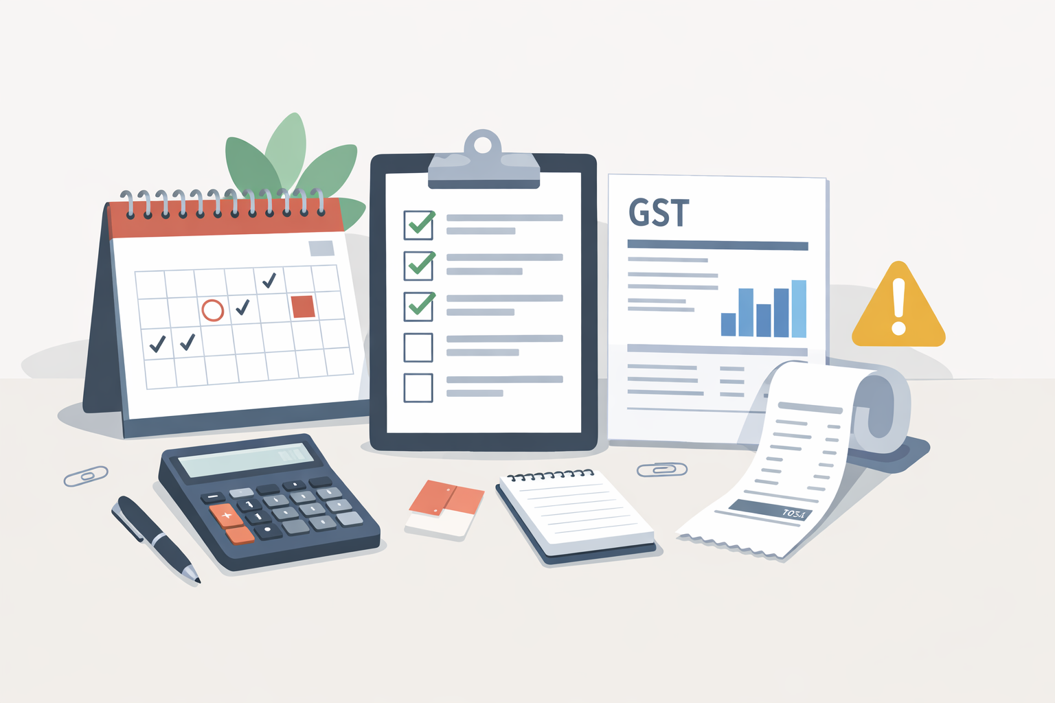 BAS due dates concept with calendar, checklist, calculator, receipts, and GST paperwork