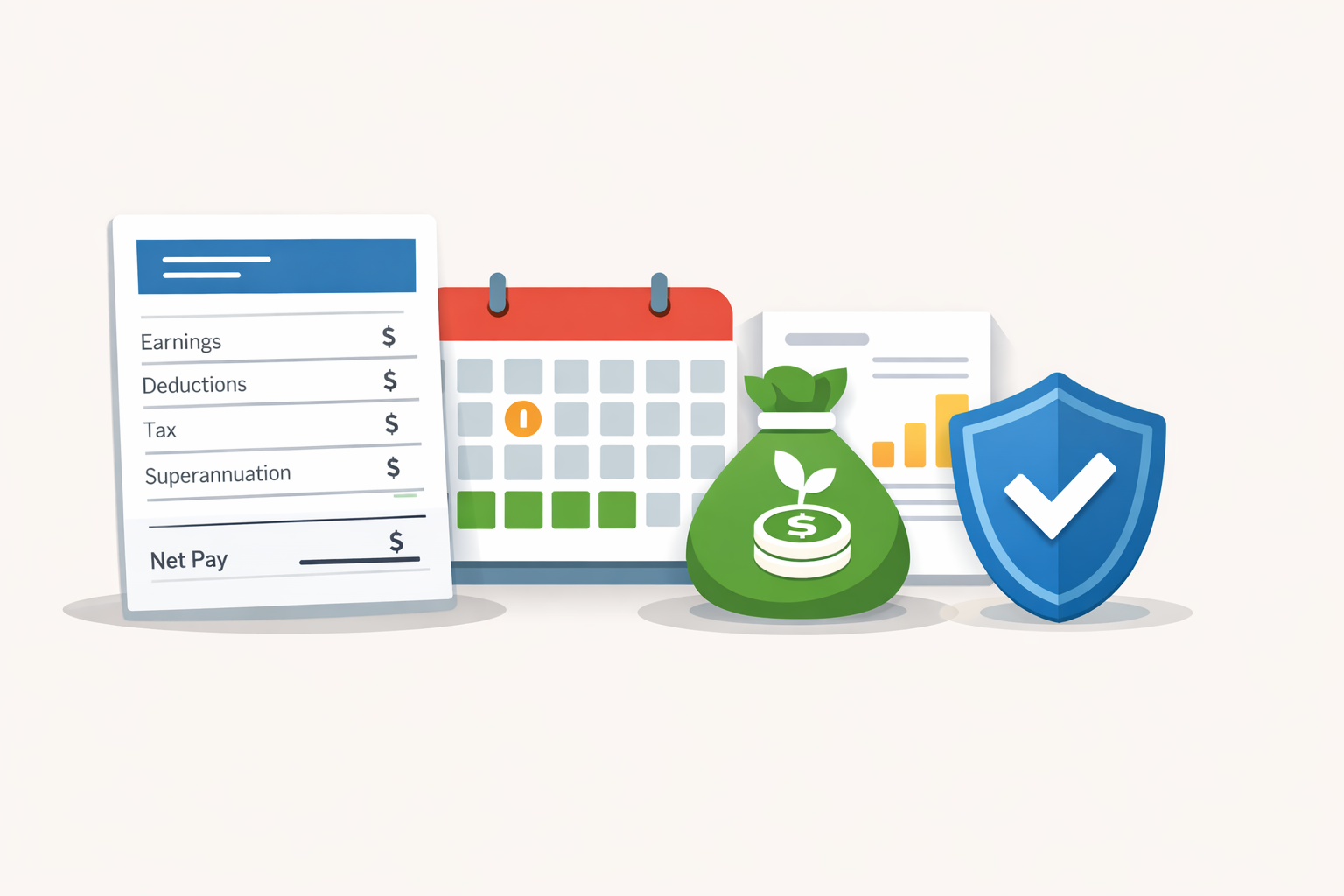 Payday Super payroll compliance concept with payslip, calendar, and super icon