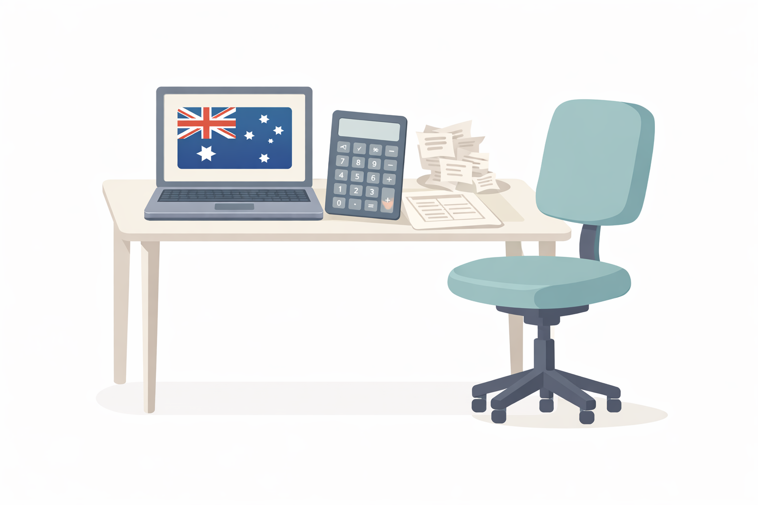 Work from home deduction illustration with bills and home office items