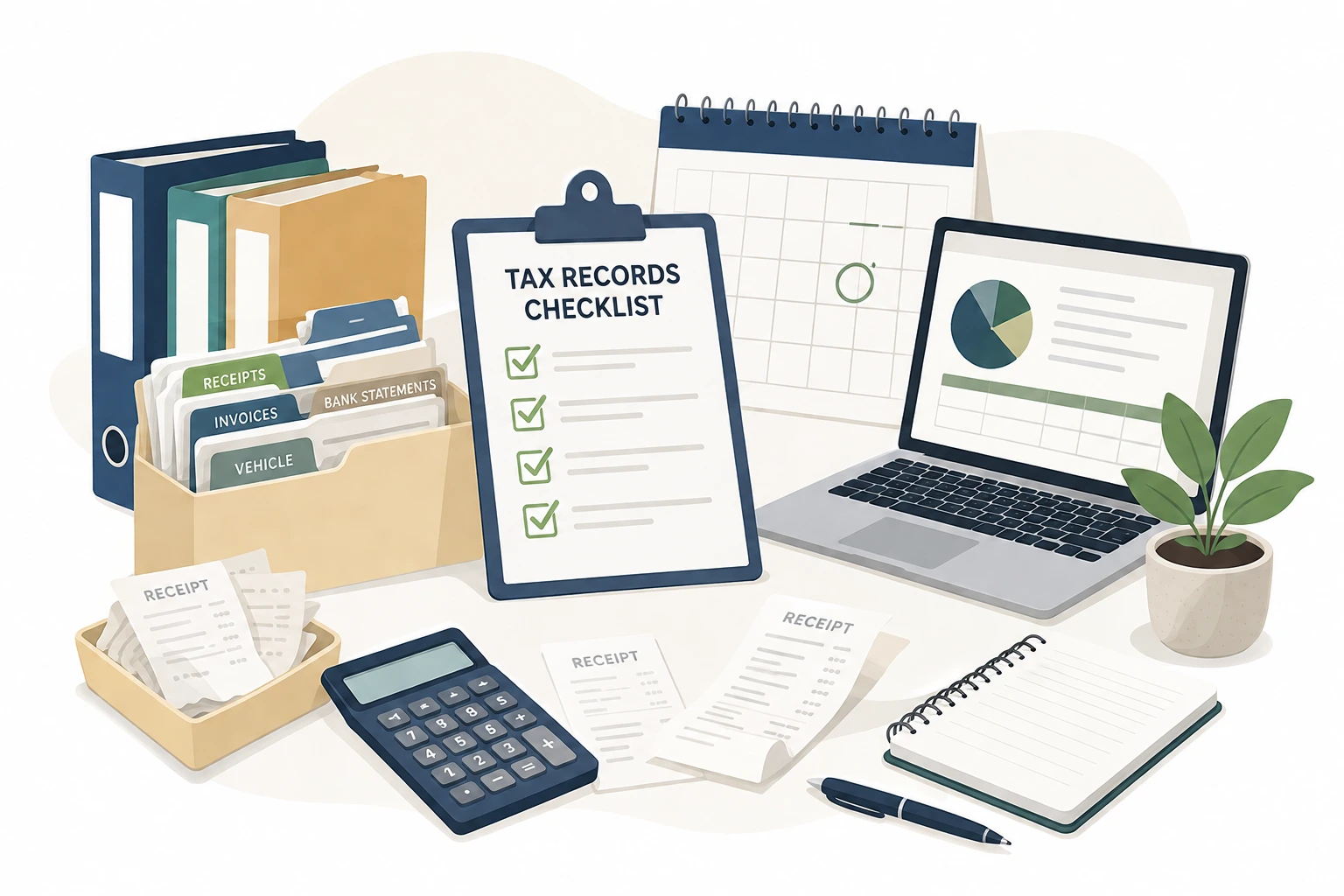 tax records checklist illustration with folders, receipts, laptop, and calendar
