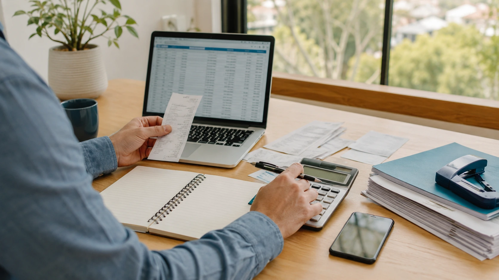 Sole trader tax deductions checklist with receipts, laptop, calculator and business records