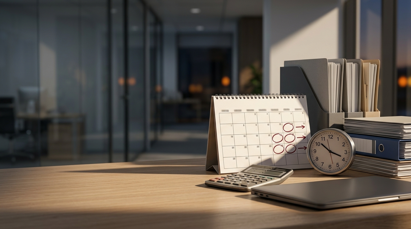 Tax return deadline 2026 with a desk calendar, clock and tax records