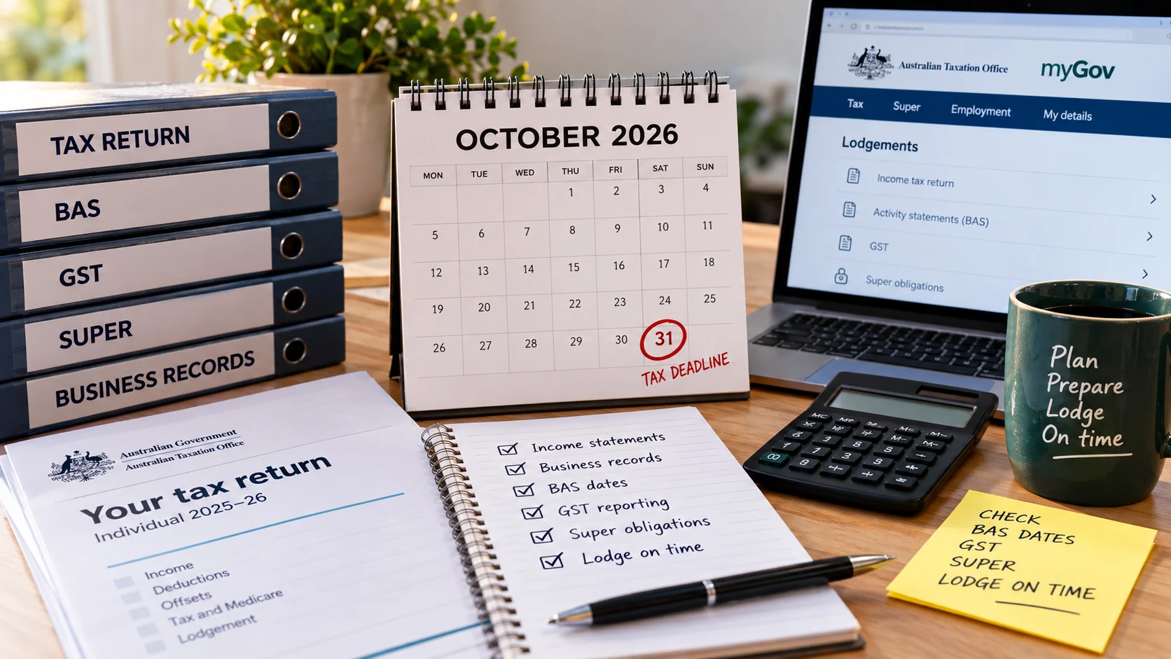 31 October tax deadline calendar with Australian tax return, BAS, GST and business records