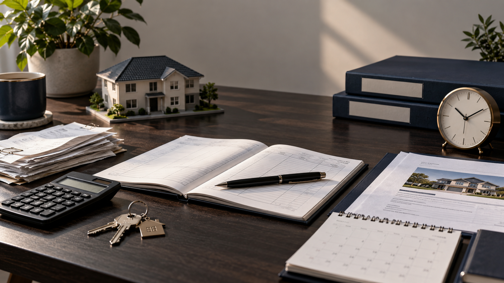 Dark timber desk with rental property tax documents, calculator, house keys, model home, receipts and calendar arranged neatly for an Australian property tax article.