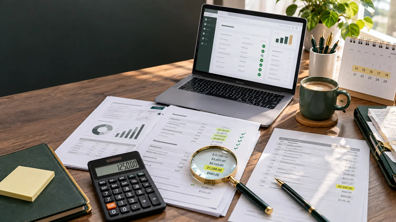 Tax return pre-fill checklist with financial records, calculator and laptop