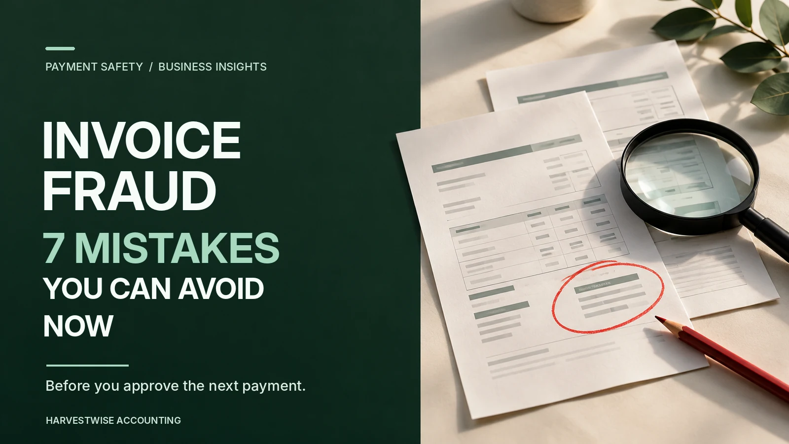 Invoice fraud prevention banner showing supplier invoices, a magnifying glass and payment details circled for review