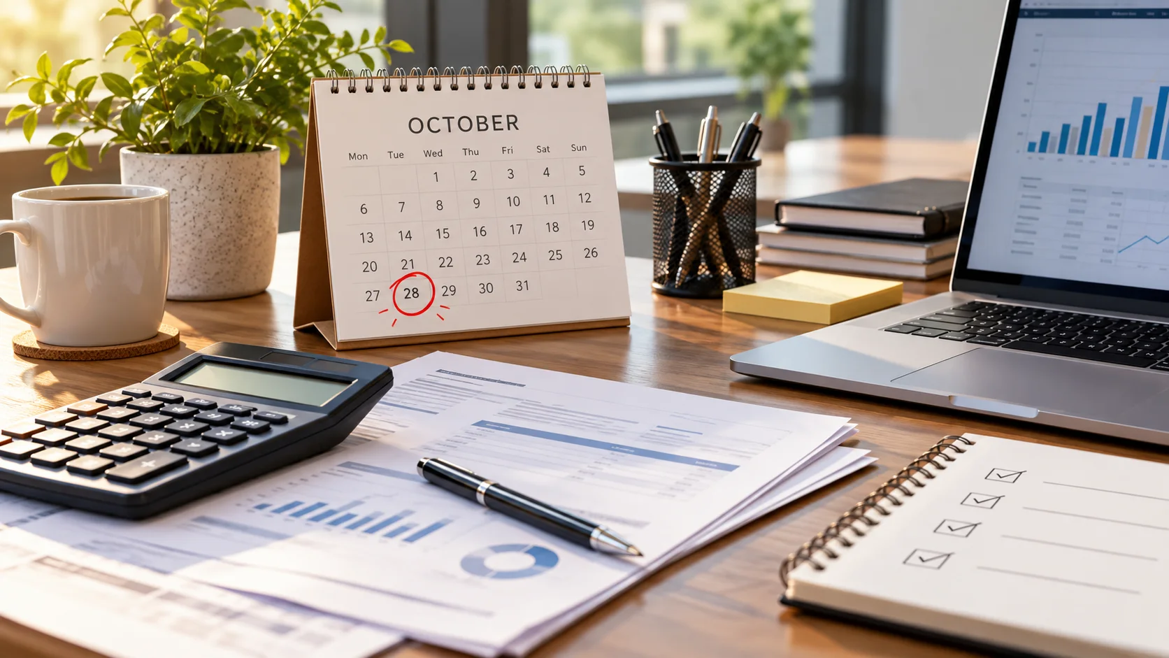 PAYG instalments deadline calendar showing 28 October with calculator, financial records and business paperwork